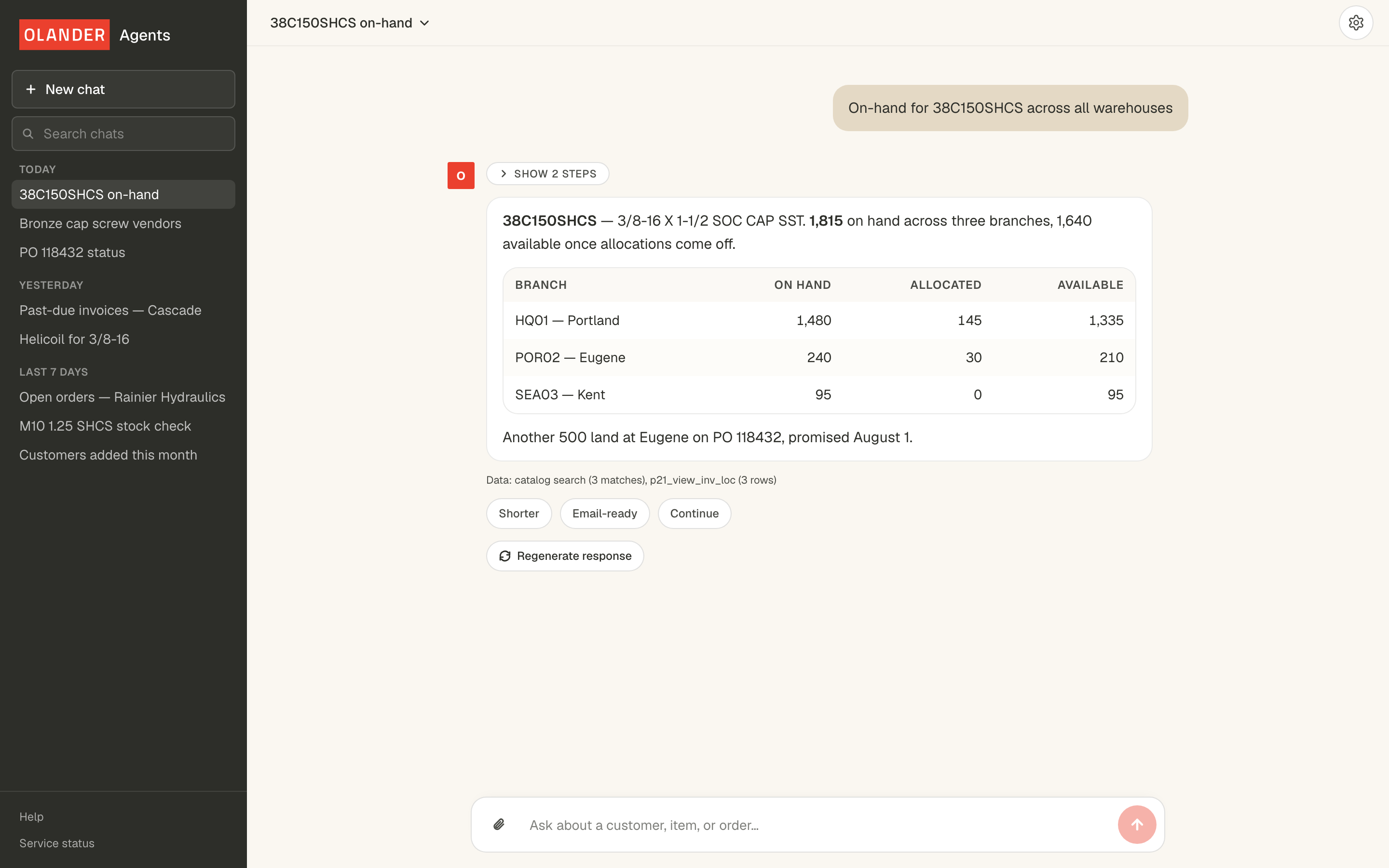 Olander Agents chat: an ERP stock question answered with tool-call steps and a per-warehouse on-hand table